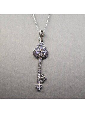 Vintage Sterling Silver Tanzanite Key Pendant Enhancer Necklace 18" Signed JC
